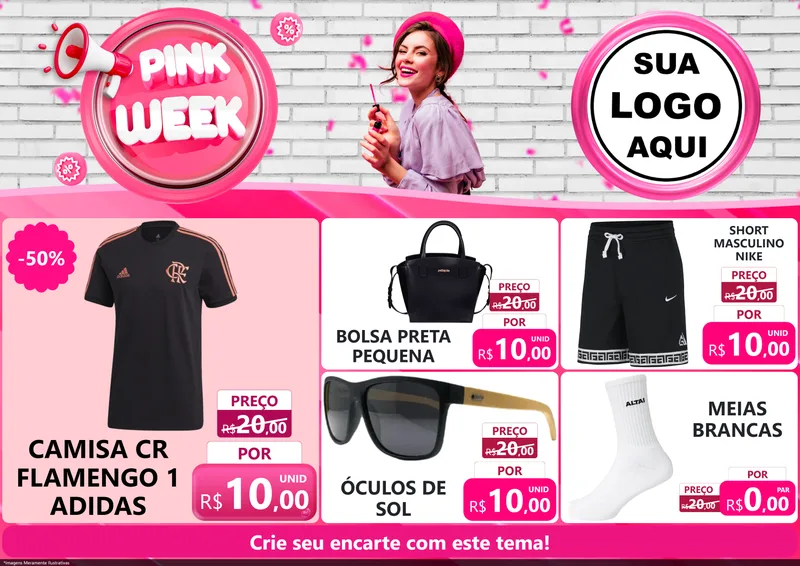 Modelo de Encarte para Encarte A4 Horizontal com o tema Pink Week para Roupas e acessórios