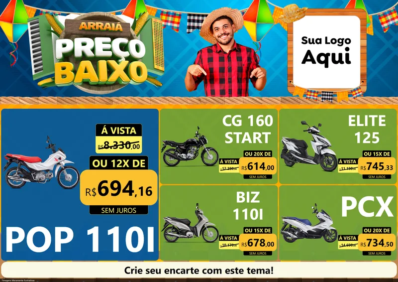 Modelo de Encarte para Encarte A4 Horizontal com o tema Arraiá de Preço Baixo - Junina para Concessionaria de Motos