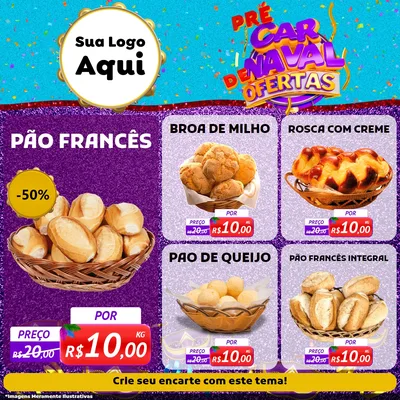 Modelo de Rede Social para Feed Facebook com o tema Pré Carnaval de Ofertas para Padaria