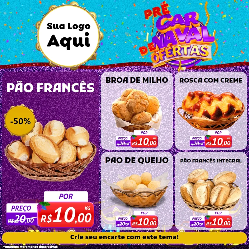 Modelo de Rede Social para Feed Facebook com o tema Pré Carnaval de Ofertas para Padaria