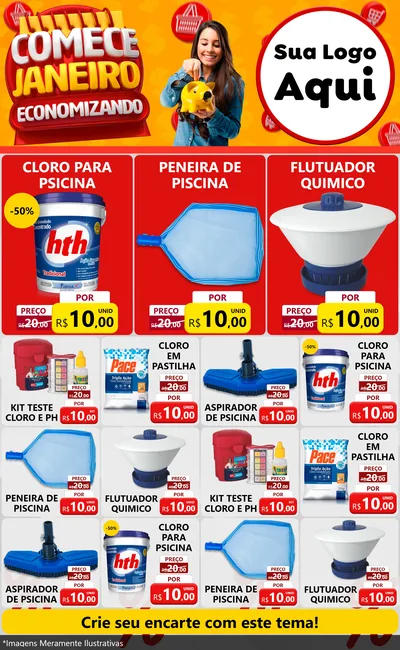 Modelo de Encarte para Encarte Grande com o tema Comece Janeiro Economizando para Produtos para Piscina