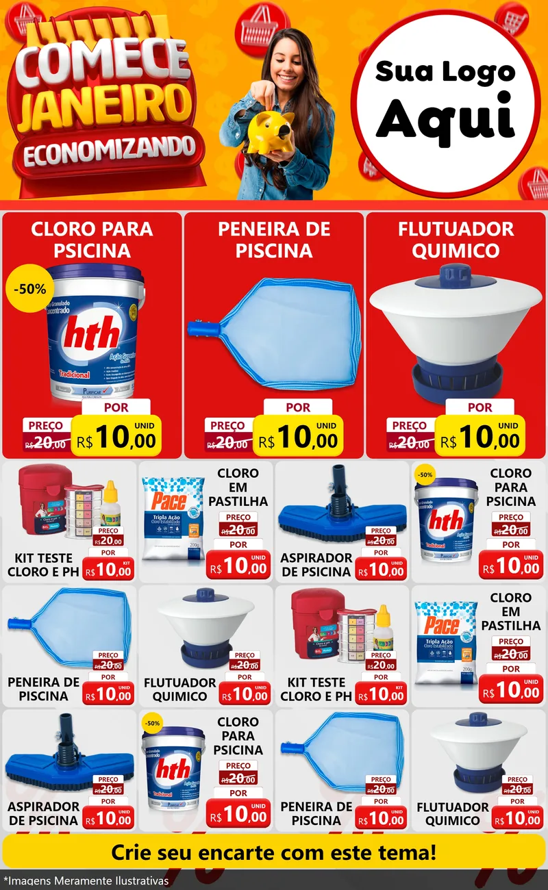 Modelo de Encarte para Encarte Grande com o tema Comece Janeiro Economizando para Produtos para Piscina