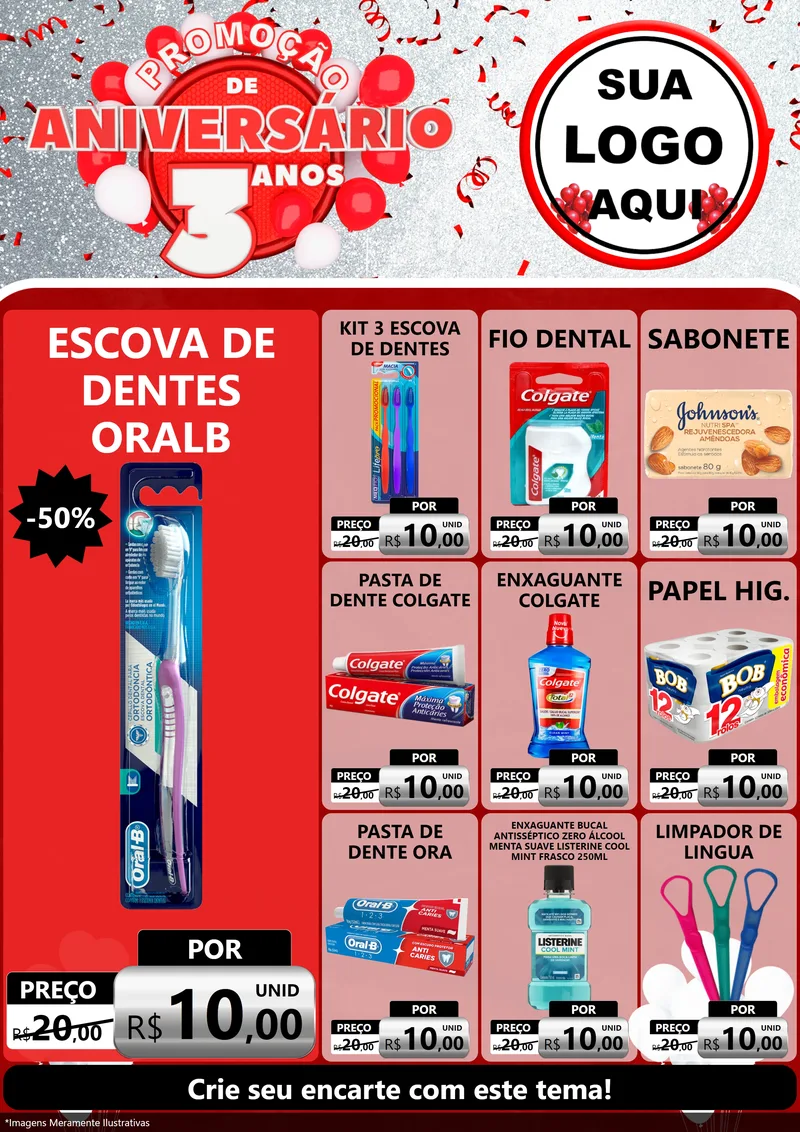 Modelo de Encarte para Encarte A4 Vertical com o tema Promoção de Aniversário - 3 Anos para Higiene Pessoal