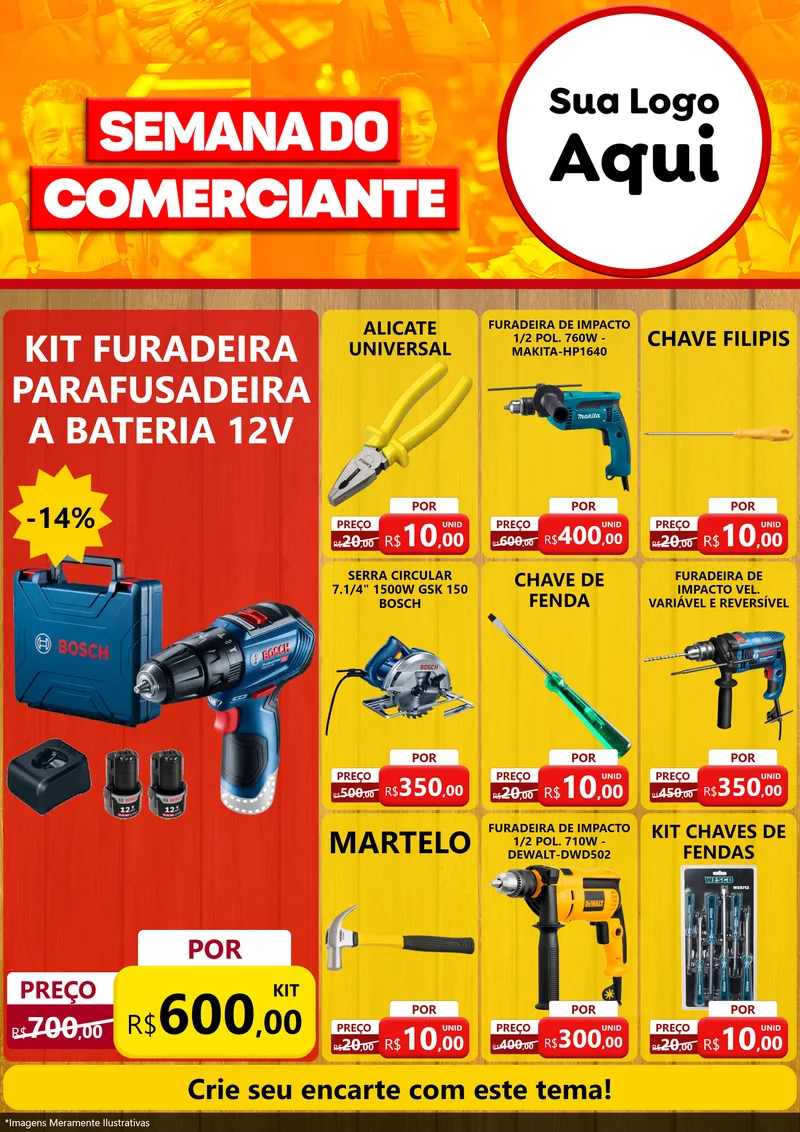 Modelo de Encarte para Encarte A4 Vertical com o tema Semana do Comerciante para Maquinas e Ferramentas