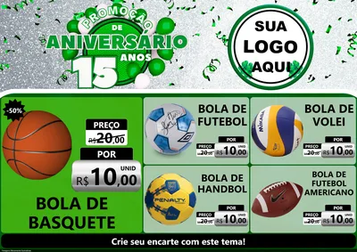 Modelo de Encarte para Encarte A4 Horizontal com o tema Promoção de Aniversário - 15 Anos para Artigos Esportivos