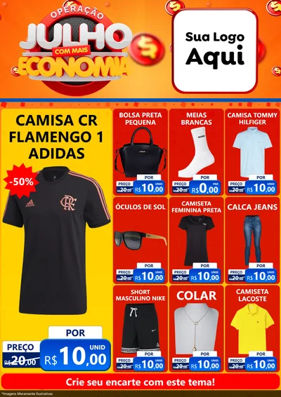 Modelo de Encarte para Encarte A4 Vertical com o tema Operação Julho Com Mais Economia para Roupas e acessórios