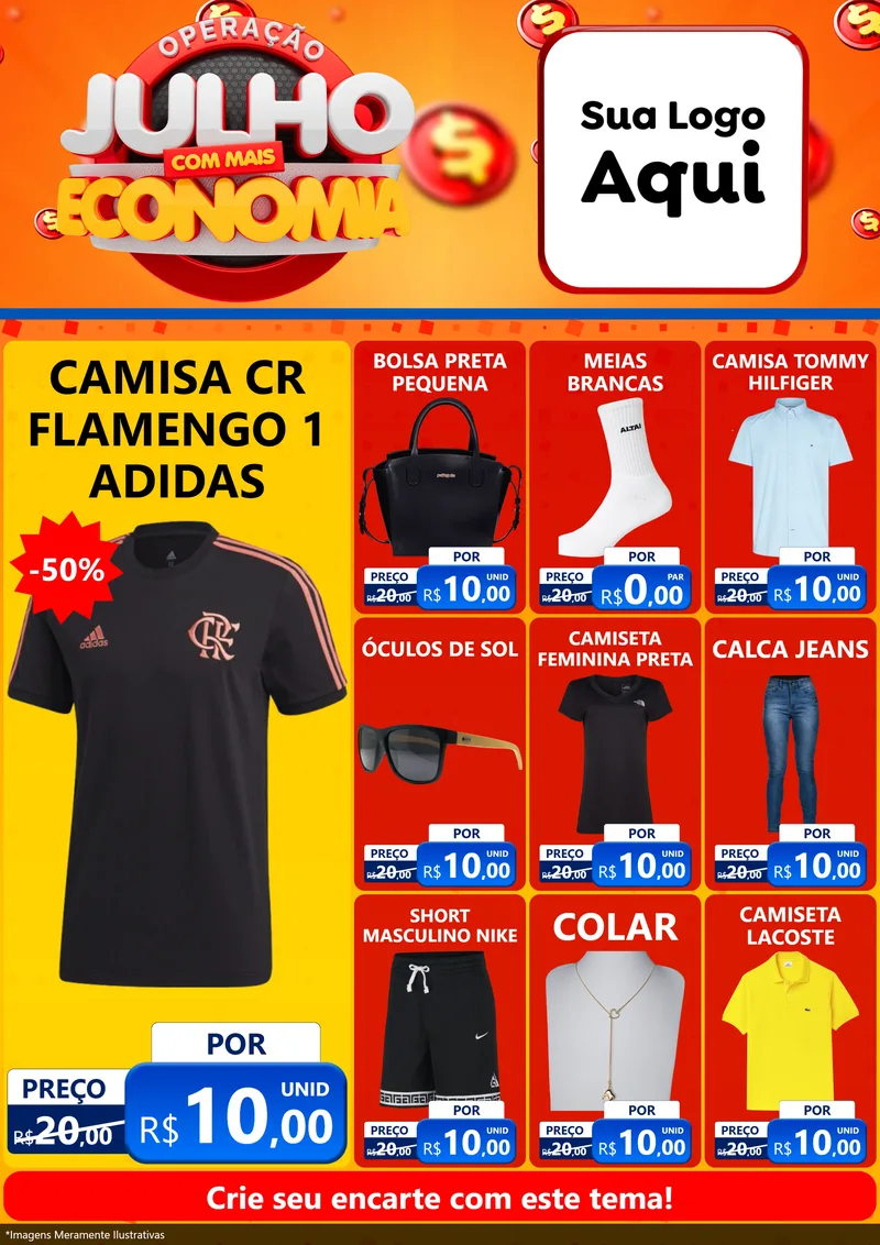 Modelo de Encarte para Encarte A4 Vertical com o tema Operação Julho Com Mais Economia para Roupas e acessórios