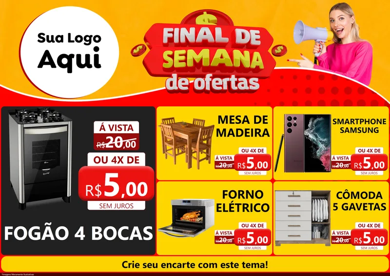 Modelo de Encarte para Encarte A4 Horizontal com o tema Final de Semana de Ofertas para Móveis e Eletro