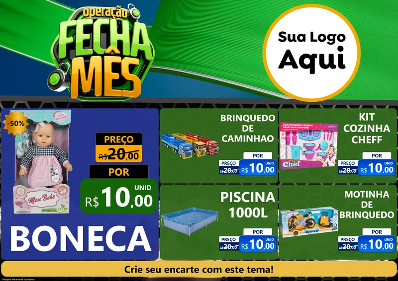 Modelo de Encarte para Encarte A4 Horizontal com o tema Operação Fecha Mês para Brinquedos
