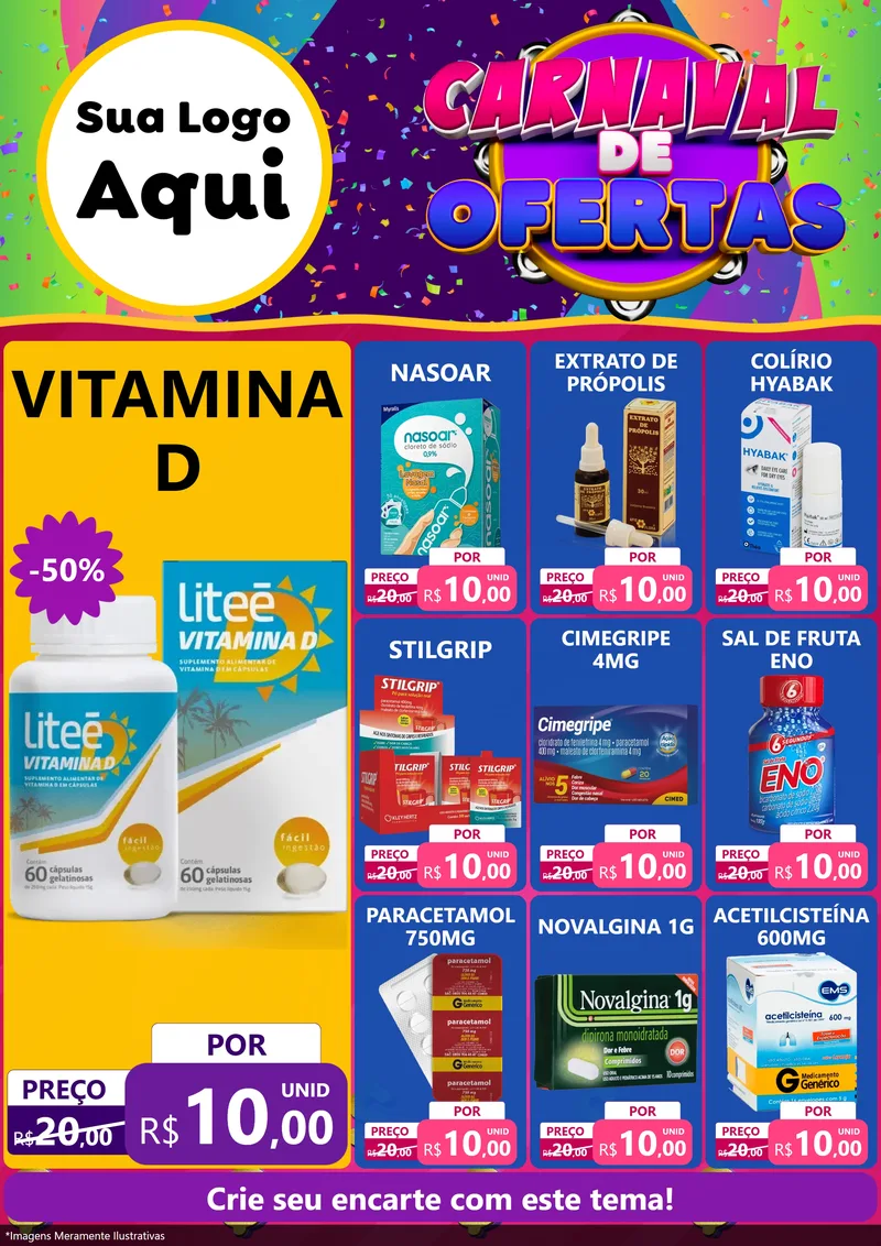 Modelo de Encarte para Encarte A4 Vertical com o tema Carnaval de Ofertas para Farmácia