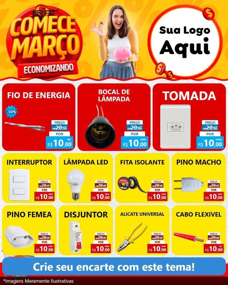 Modelo de Rede Social para Feed Instagram com o tema Comece Março Economizando para Materiais Elétricos