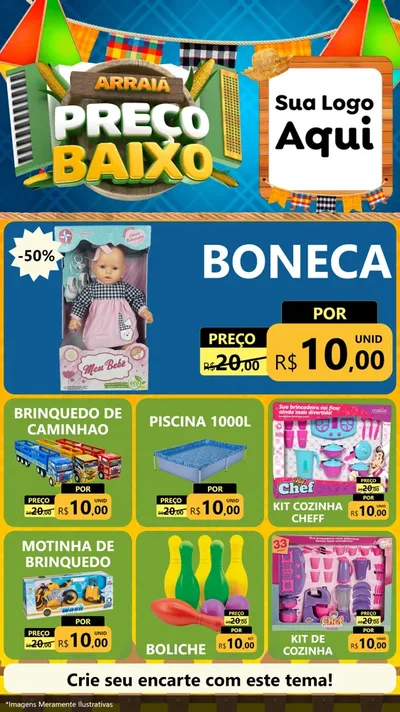 Modelo de Rede Social para Stories com o tema Arraiá de Preço Baixo - Junina para Brinquedos