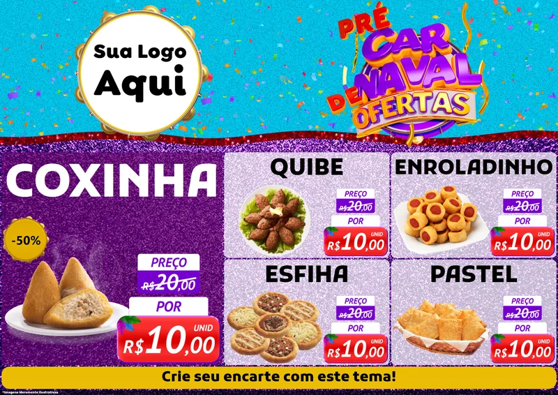 Modelo de Encarte para Encarte A4 Horizontal com o tema Pré Carnaval de Ofertas para Salgadaria