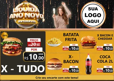 Modelo de Encarte para Encarte A4 Horizontal com o tema Liquida Ano Novo Imperdível para Hamburgueria