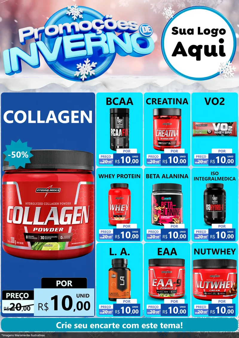 Modelo de Encarte para Encarte A4 Vertical com o tema Promoções de Inverno para Suplementos alimentares
