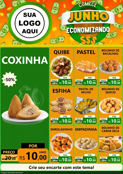 Modelo de Encarte para Encarte A4 Vertical com o tema Comece Junho Economizando para Salgadaria