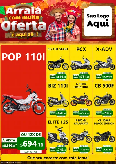 Modelo de Encarte para Encarte A4 Vertical com o tema Arraiá Com Muita Oferta - É Aqui Sô! para Concessionaria de Motos