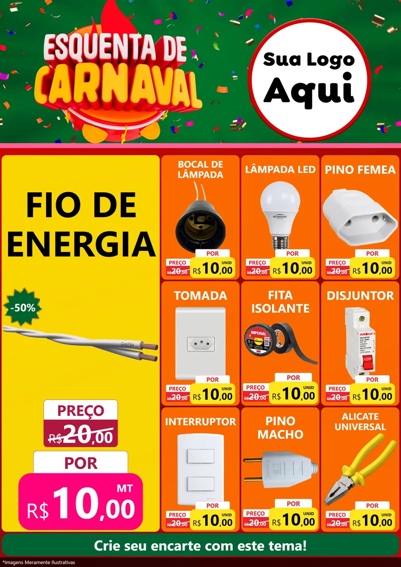 Modelo de Encarte para Encarte A4 Vertical com o tema Esquenta de Carnaval para Materiais Elétricos