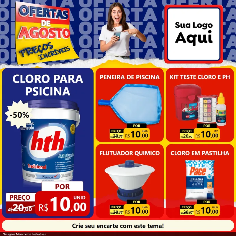 Modelo de Rede Social para Feed Facebook com o tema Ofertas de Agosto - Preços Incríveis para Produtos para Piscina