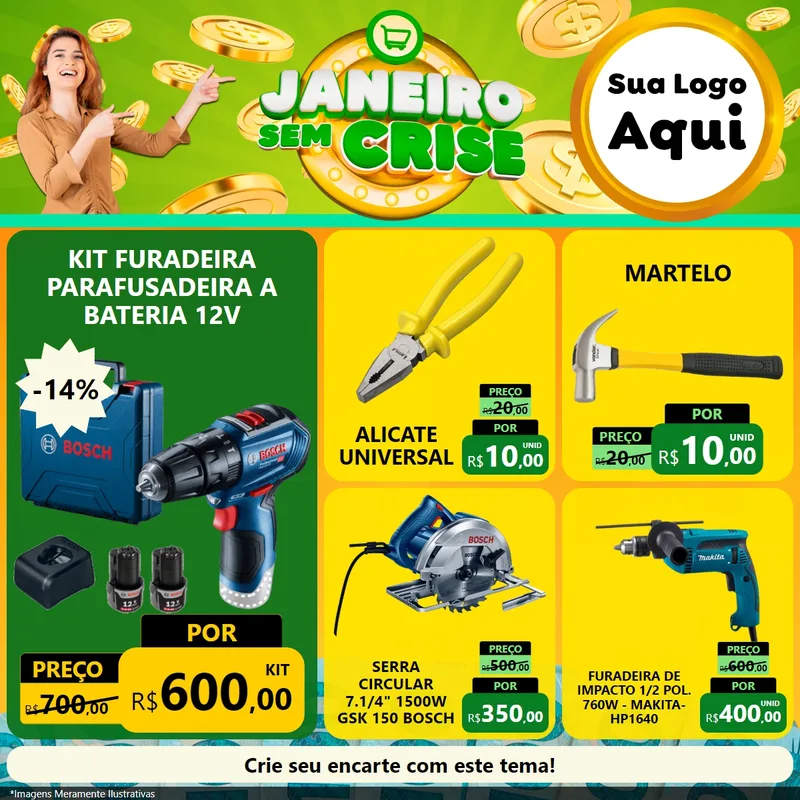 Modelo de Rede Social para Feed Facebook com o tema Janeiro Sem Crise para Maquinas e Ferramentas