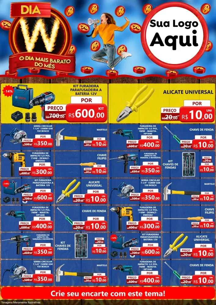 Modelo de Encarte para Encarte A4 Vertical com o tema Dia W - O Dia Mais Barato Do Mês para Maquinas e Ferramentas