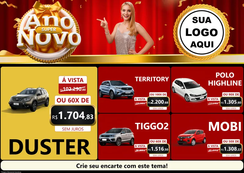 Modelo de Encarte para Encarte A4 Horizontal com o tema Super Ano Novo para Concessionaria de Carros