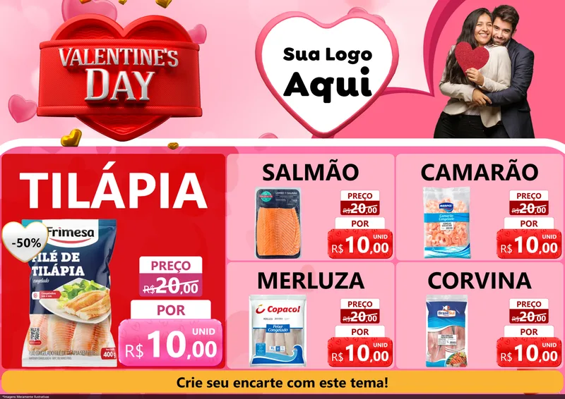 Modelo de Encarte para Encarte A4 Horizontal com o tema Valentine's Day para Peixaria