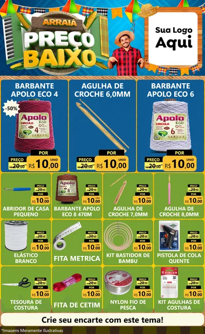 Modelo de Encarte para Encarte Grande com o tema Arraiá de Preço Baixo - Junina para Armarinho e Aviamentos