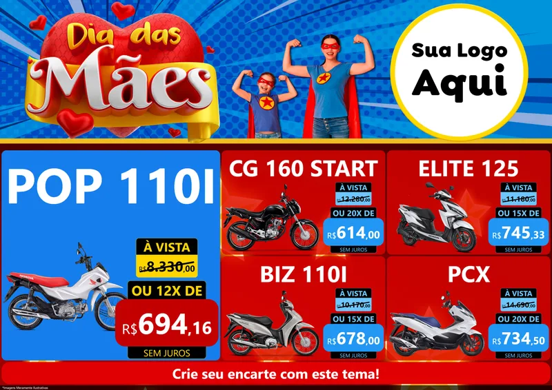 Modelo de Encarte para Encarte A4 Horizontal com o tema Dia das Mães para Concessionaria de Motos