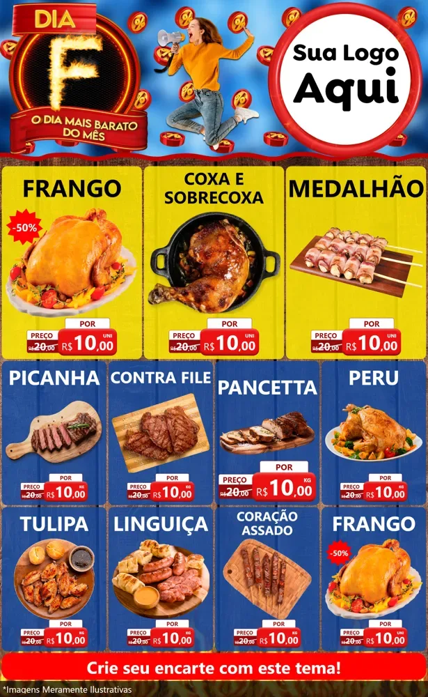 Modelo de Encarte para Encarte Grande com o tema Dia F - O Dia Mais Barato Do Mês para Assados