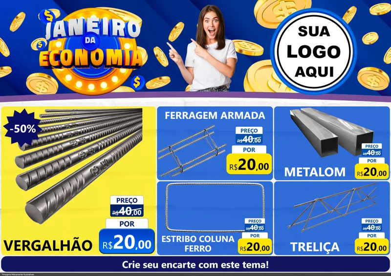 Modelo de Encarte para Encarte A4 Horizontal com o tema Janeiro da Economia para Ferragens