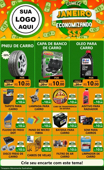 Modelo de Encarte para Encarte Grande com o tema Comece Janeiro Economizando para Auto peças