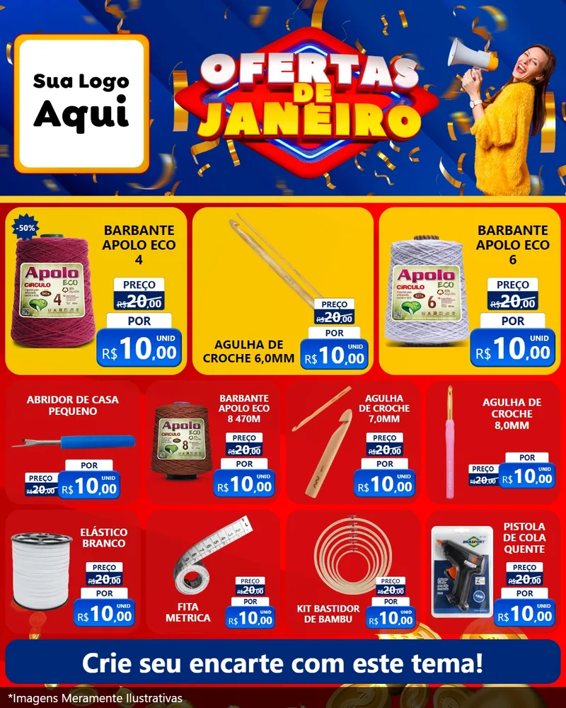 Modelo de Rede Social para Feed Instagram com o tema Ofertas de Janeiro para Armarinho e Aviamentos