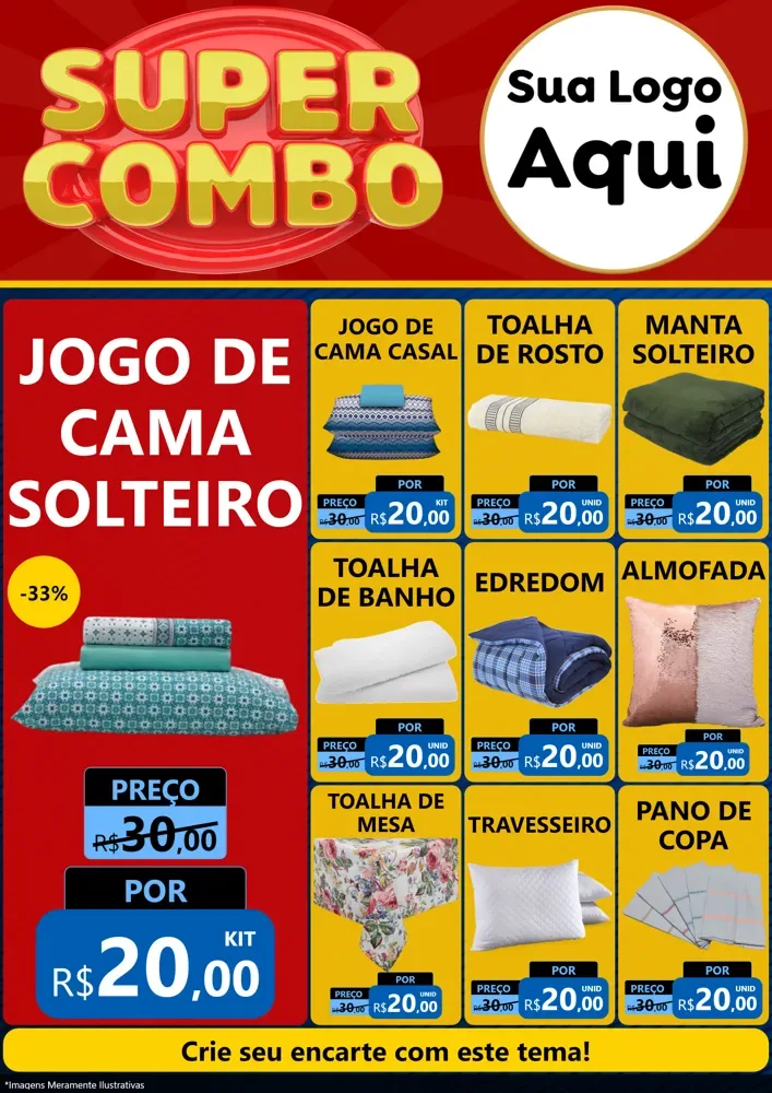 Modelo de Encarte para Encarte A4 Vertical com o tema Super Combo para Cama, Mesa e Banho