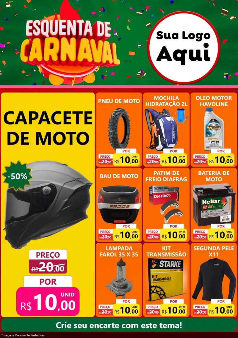 Modelo de Encarte para Encarte A4 Vertical com o tema Esquenta de Carnaval para Moto peças