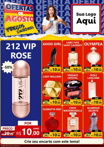 Modelo de Encarte para Encarte A4 Vertical com o tema Ofertas de Agosto - Preços Incríveis para Perfumes