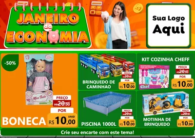 Modelo de Encarte para Encarte A4 Horizontal com o tema Janeiro da Economia para Brinquedos