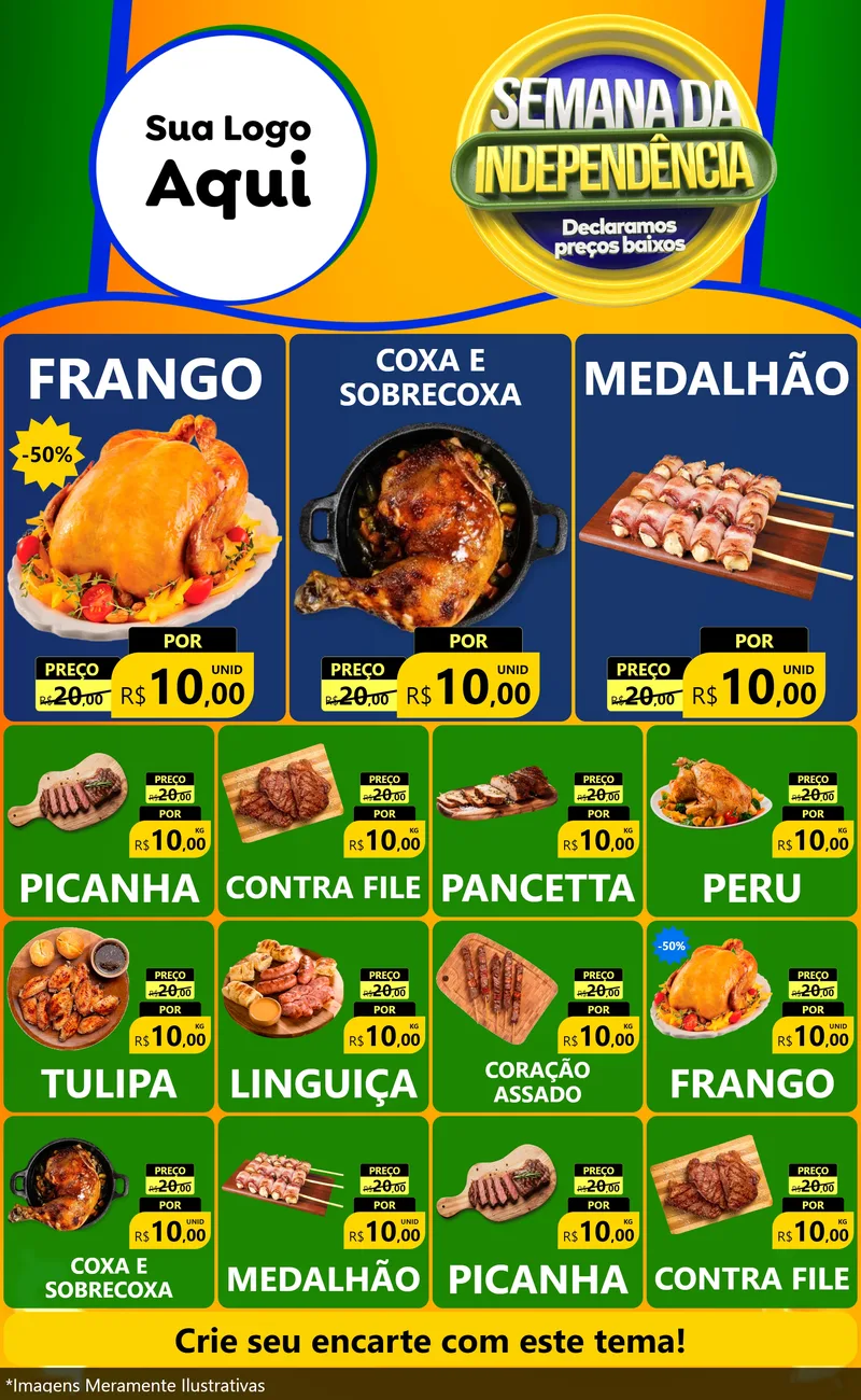 Modelo de Encarte para Encarte Grande com o tema Semana da Independência Declaramos Preços Baixos para Assados