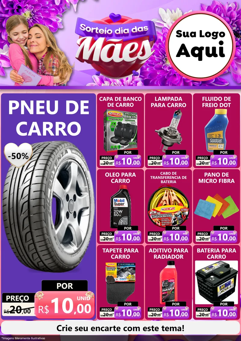 Modelo de Encarte para Encarte A4 Vertical com o tema Sorteio Dia das Mães para Auto peças