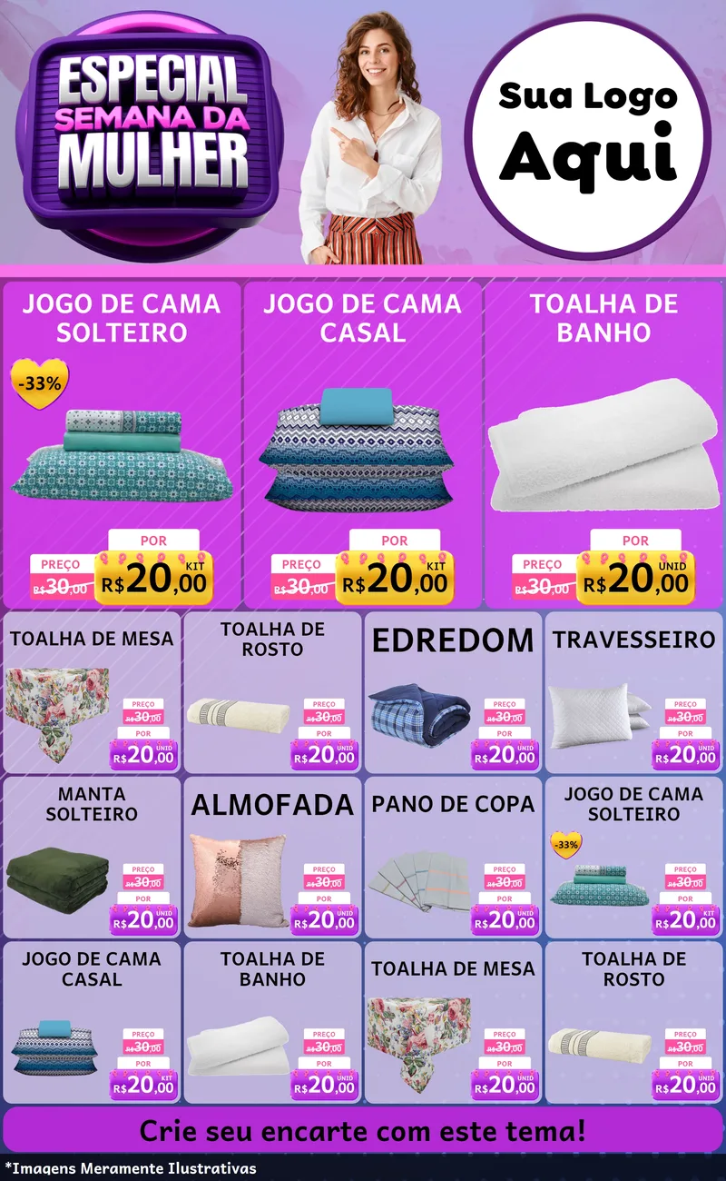 Modelo de Encarte para Encarte Grande com o tema Especial Semana da Mulher para Cama, Mesa e Banho