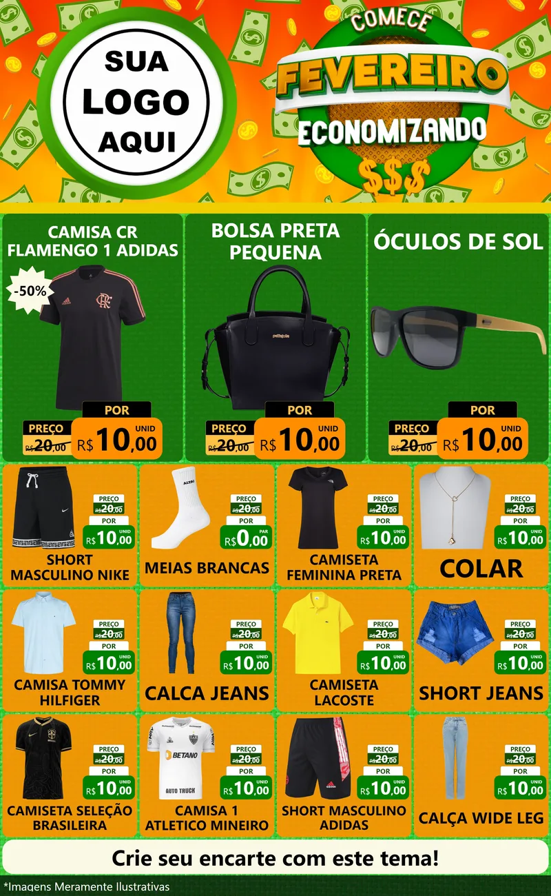 Modelo de Encarte para Encarte Grande com o tema Comece Fevereiro Economizando para Roupas e acessórios