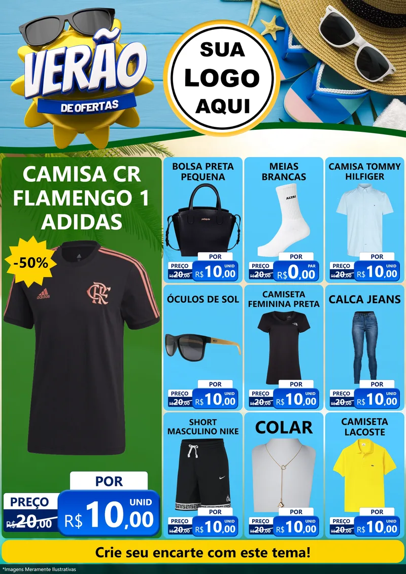 Modelo de Encarte para Encarte A4 Vertical com o tema Verão de Ofertas para Roupas e acessórios