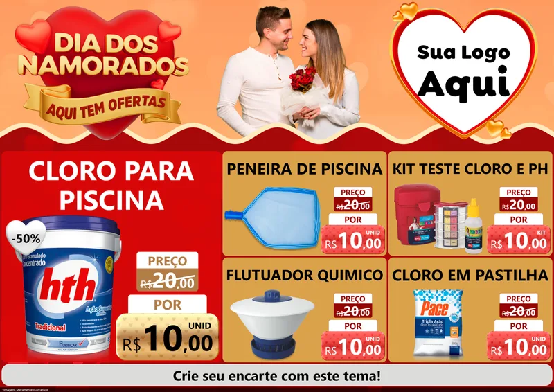 Modelo de Encarte para Encarte A4 Horizontal com o tema Dia dos Namorados - Aqui Tem Ofertas para Produtos para Piscina