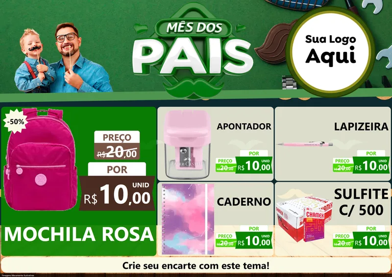 Modelo de Encarte para Encarte A4 Horizontal com o tema Mês dos Pais para Papelaria