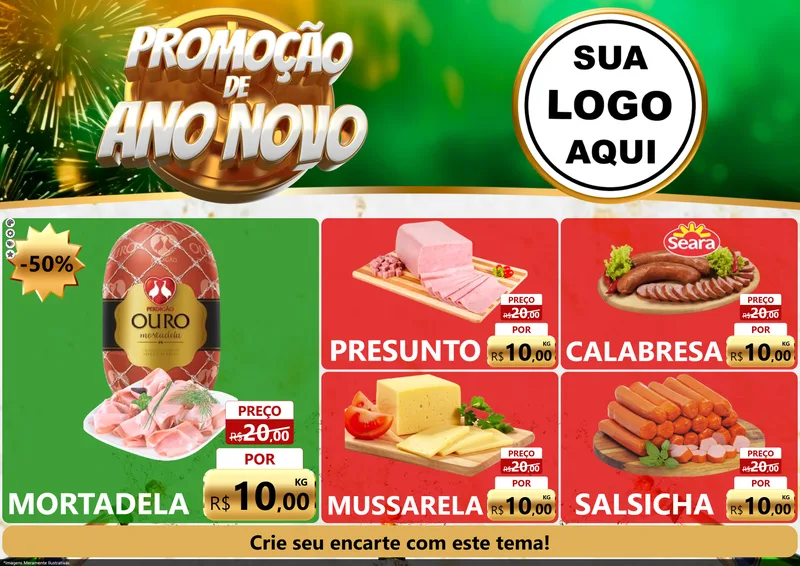 Modelo de Encarte para Encarte A4 Horizontal com o tema Promoção de Ano Novo para Frios e Laticínios