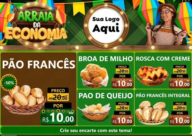 Modelo de Encarte para Encarte A4 Horizontal com o tema Arraiá de Economia para Padaria
