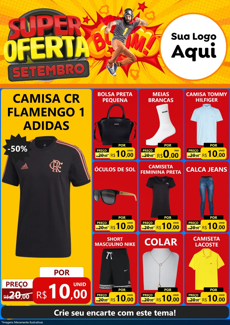 Modelo de Encarte para Encarte A4 Vertical com o tema Super Oferta Setembro para Roupas e acessórios