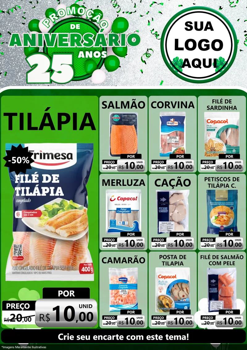 Modelo de Encarte para Encarte A4 Vertical com o tema Promoção de Aniversário - 25 Anos para Peixaria