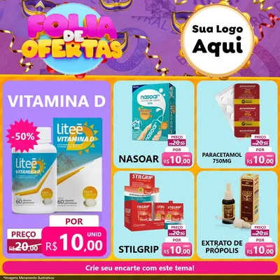 Modelo de Rede Social para Feed Facebook com o tema Folia de Ofertas para Farmácia