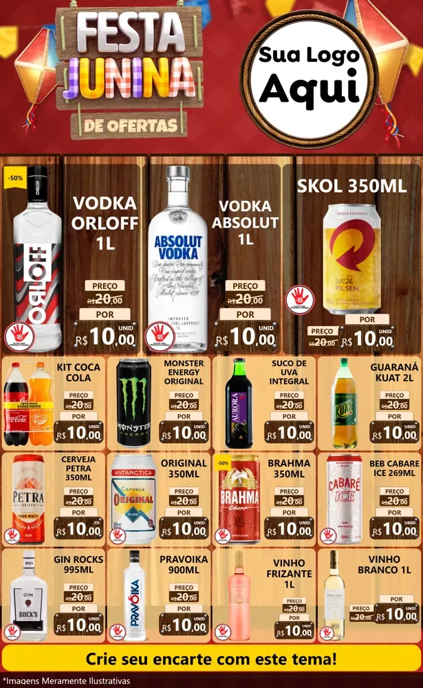Modelo de Encarte para Encarte Grande com o tema Festa Junina de Ofertas para Distribuidora de bebidas
